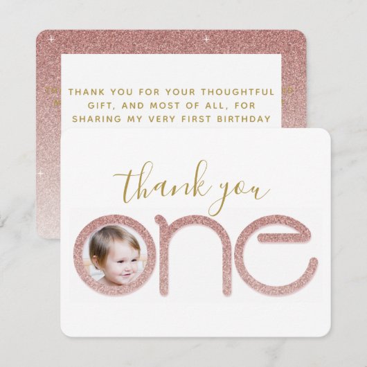 Roos Gold Glitter 1e Verjaardag Dank je kaart (Voorkant / Achterkant)