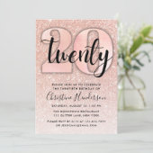 Roos Gold Glitter 20e verjaardag Uitnodiging (Staand voorkant)
