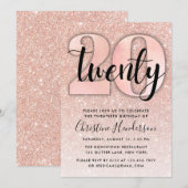 Roos Gold Glitter 20e verjaardag Uitnodiging (Voorkant / Achterkant)