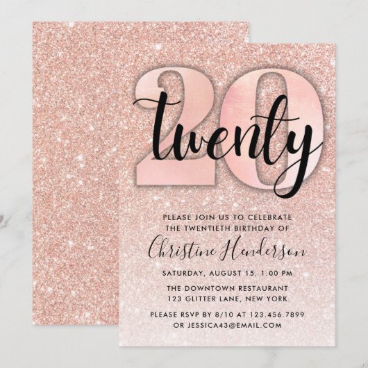 Roos Gold Glitter 20e verjaardag Uitnodiging (Voorkant / Achterkant)