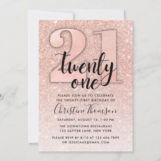 Roos Gold Glitter 21st Birthday Uitnodiging (Voorkant)
