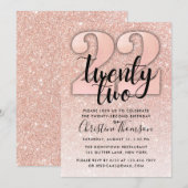 Roos Gold Glitter 22e verjaardag Uitnodiging (Voorkant / Achterkant)