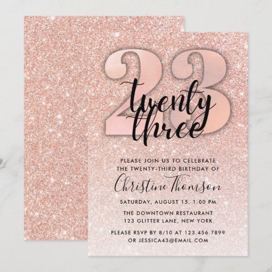 Roos Gold Glitter 23rd Birthday Invitation Kaart (Voorkant / Achterkant)