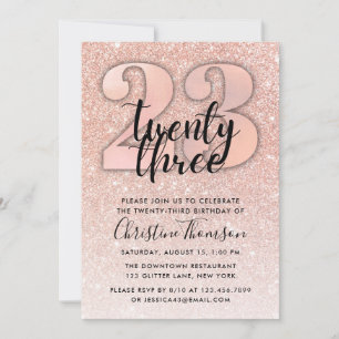 Roos Gold Glitter 23rd Birthday Invitation Kaart