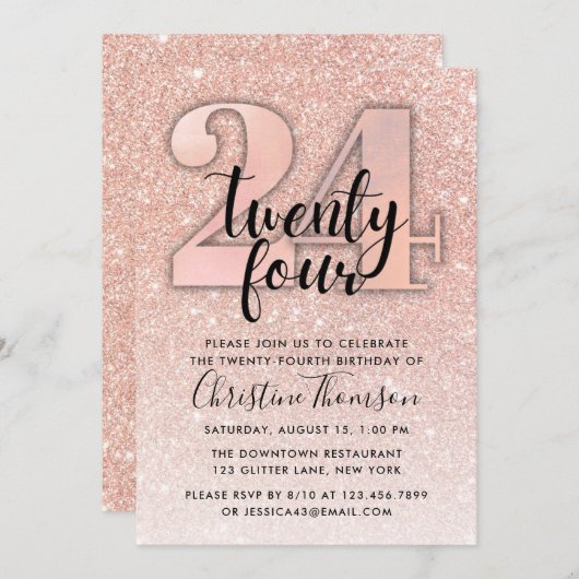 Roos Gold Glitter 24th Birthday Invitation Kaart (Voorkant / Achterkant)