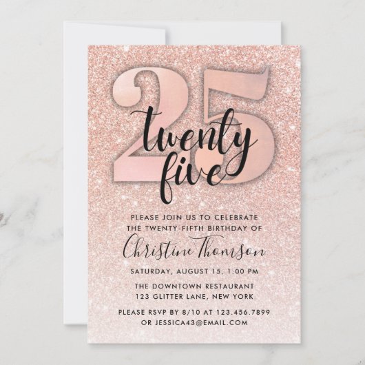 Roos Gold Glitter 25th Birthday Invitation Kaart (Voorkant)