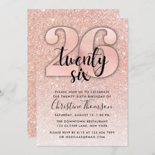 Roos Gold Glitter 26e verjaardag Uitnodiging (Voorkant / Achterkant)