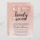 Roos Gold Glitter 27th Birthday Invitation Kaart (Voorkant / Achterkant)