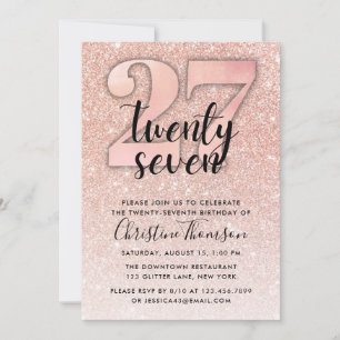 Roos Gold Glitter 27th Birthday Invitation Kaart