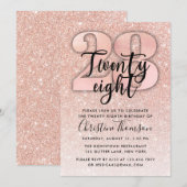 Roos Gold Glitter 28th Birthday Invitation Kaart (Voorkant / Achterkant)