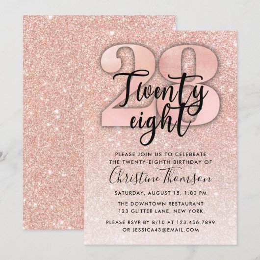 Roos Gold Glitter 28th Birthday Invitation Kaart (Voorkant / Achterkant)