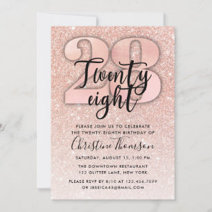Roos Gold Glitter 28th Birthday Invitation Kaart