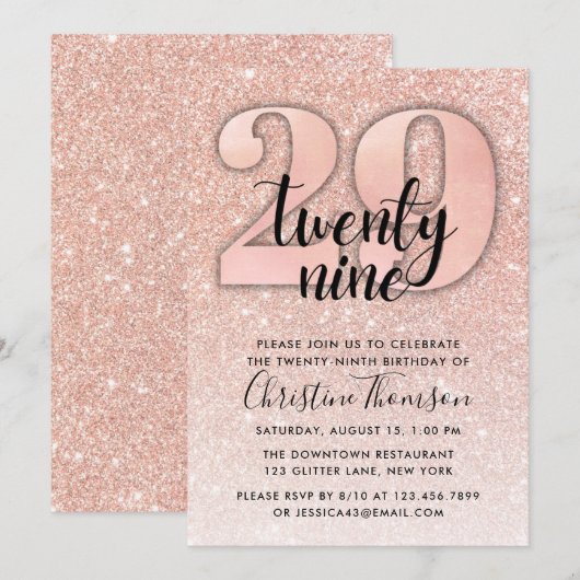 Roos Gold Glitter 29th Birthday Invitation Kaart (Voorkant / Achterkant)