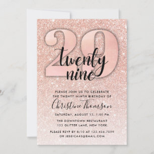 Roos Gold Glitter 29th Birthday Invitation Kaart