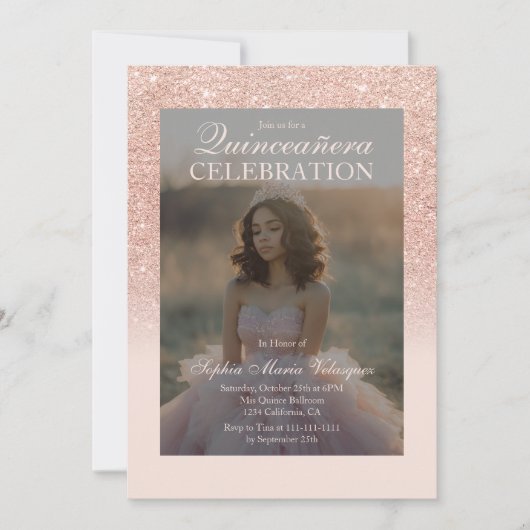 Roos Gold Glitter 2 foto's Qr blush Quinceañera Kaart (Voorkant)