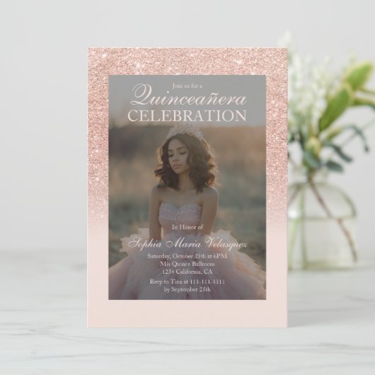 Roos Gold Glitter 2 foto's Qr blush Quinceañera Kaart (Staand voorkant)