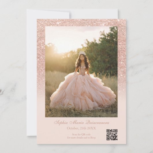 Roos Gold Glitter 2 foto's Qr blush Quinceañera Kaart (Achterkant)