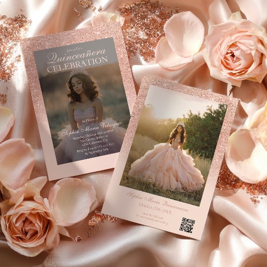 Roos Gold Glitter 2 foto's Qr blush Quinceañera Kaart