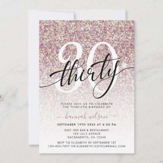 Roos Gold Glitter 30th Birthday Party Invitation Kaart (Voorkant)
