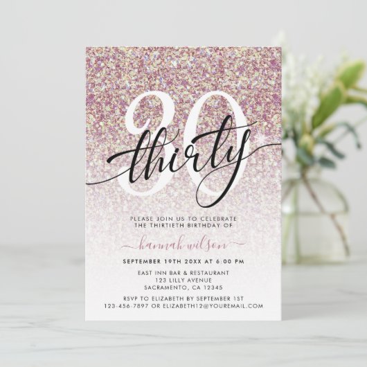 Roos Gold Glitter 30th Birthday Party Invitation Kaart (Staand voorkant)