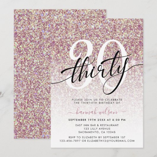 Roos Gold Glitter 30th Birthday Party Invitation Kaart (Voorkant / Achterkant)