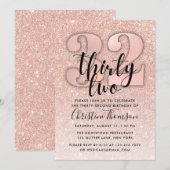 Roos Gold Glitter 32e verjaardag Uitnodiging (Voorkant / Achterkant)