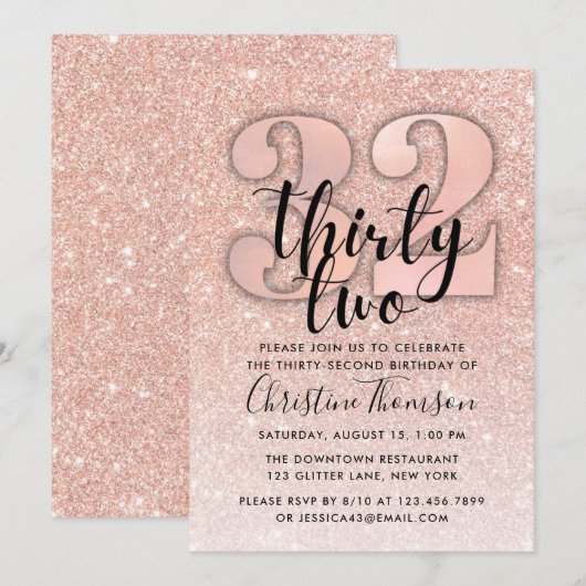 Roos Gold Glitter 32e verjaardag Uitnodiging (Voorkant / Achterkant)