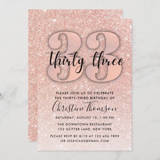 Roos Gold Glitter 33rd Birthday Invitation Kaart (Voorkant / Achterkant)