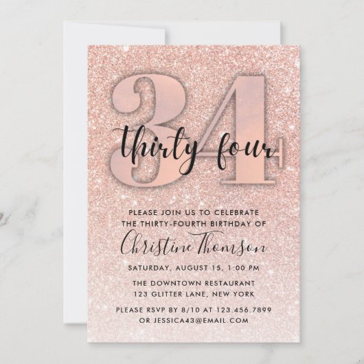 Roos Gold Glitter 34th Birthday Invitation Kaart (Voorkant)