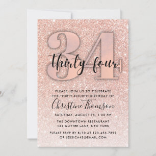 Roos Gold Glitter 34th Birthday Invitation Kaart
