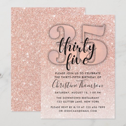 Roos Gold Glitter 35th Birthday Invitation Kaart (Voorkant / Achterkant)