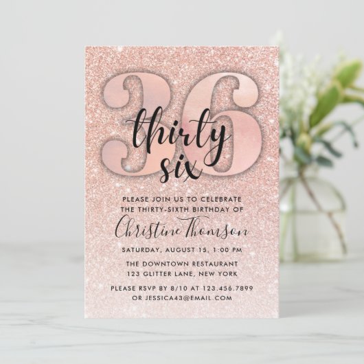 Roos Gold Glitter 36th Birthday Invitation Kaart (Staand voorkant)