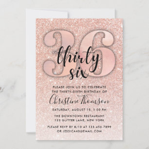 Roos Gold Glitter 36th Birthday Invitation Kaart
