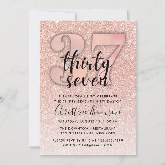 Roos Gold Glitter 37th Birthday Invitation Kaart (Voorkant)
