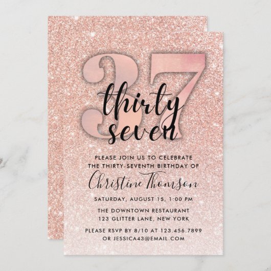 Roos Gold Glitter 37th Birthday Invitation Kaart (Voorkant / Achterkant)