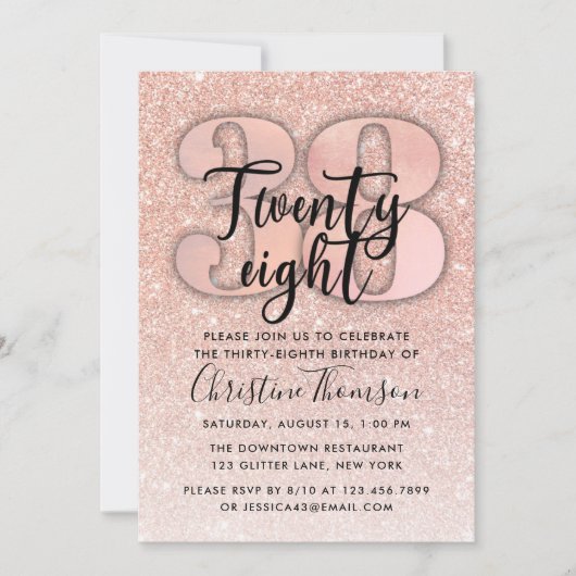 Roos Gold Glitter 38th Birthday Invitation Kaart (Voorkant)