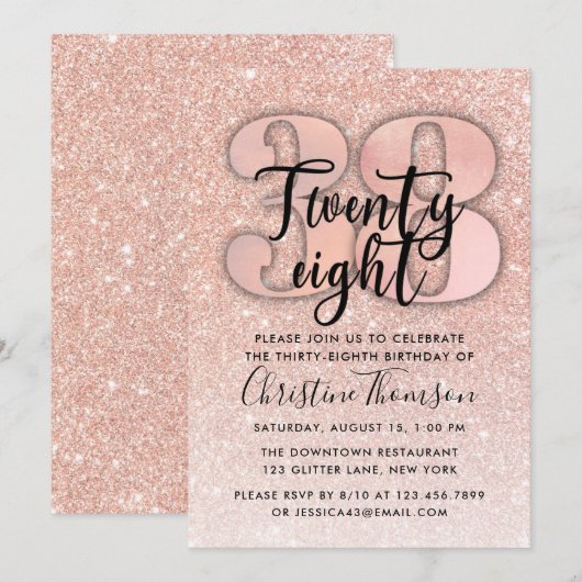 Roos Gold Glitter 38th Birthday Invitation Kaart (Voorkant / Achterkant)