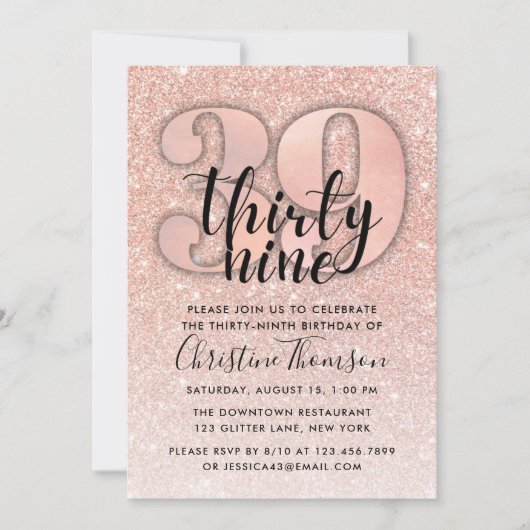 Roos Gold Glitter 39th Birthday Invitation Kaart (Voorkant)