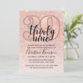 Roos Gold Glitter 39th Birthday Invitation Kaart (Staand voorkant)