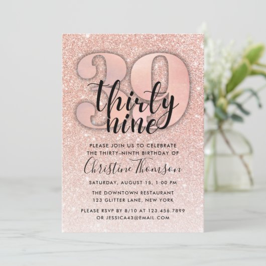 Roos Gold Glitter 39th Birthday Invitation Kaart (Staand voorkant)