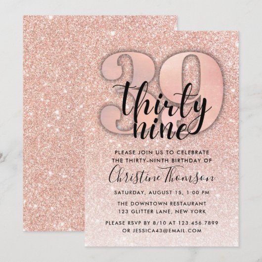 Roos Gold Glitter 39th Birthday Invitation Kaart (Voorkant / Achterkant)