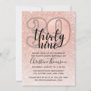 Roos Gold Glitter 39th Birthday Invitation Kaart