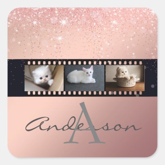 Roos Gold Glitter 3 Fotofilmomhulde tablet Collage Vierkante Sticker (Voorkant)