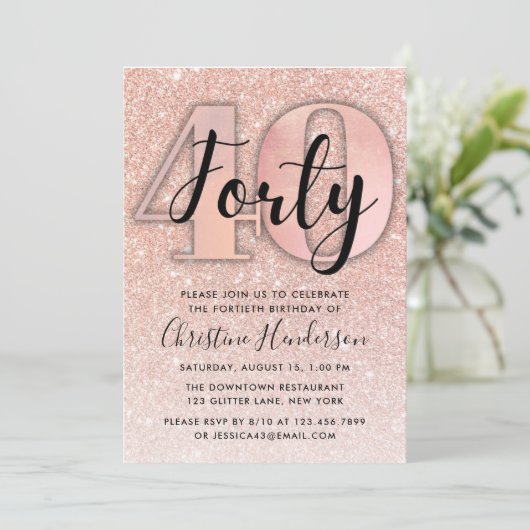 Roos Gold Glitter 40e verjaardag Kaart (Staand voorkant)