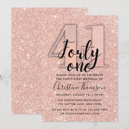 Roos Gold Glitter 41st Birthday Uitnodiging (Voorkant / Achterkant)