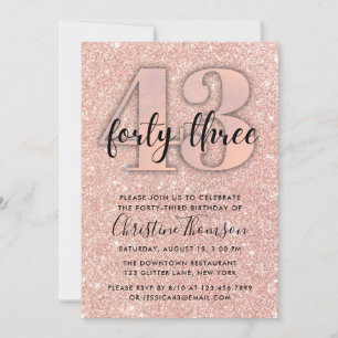 Roos Gold Glitter 43rd Birthday Invitation Kaart