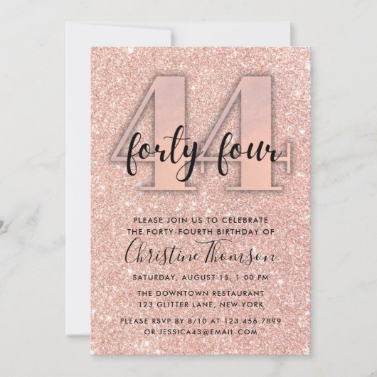 Roos Gold Glitter 44th Birthday Invitation Kaart (Voorkant)