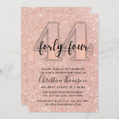 Roos Gold Glitter 44th Birthday Invitation Kaart (Voorkant / Achterkant)