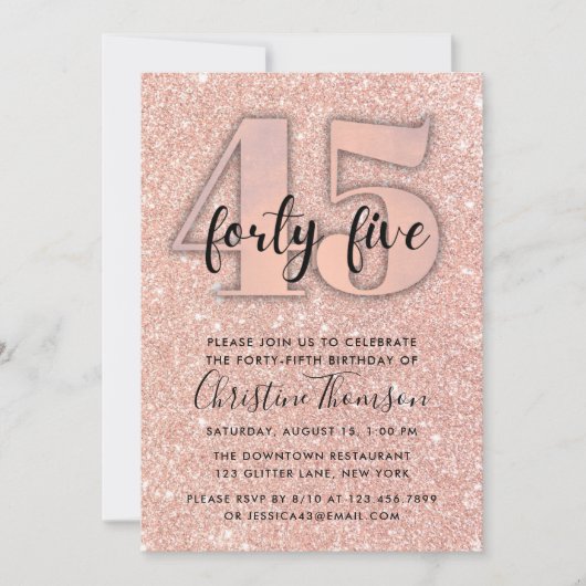 Roos Gold Glitter 45th Birthday Invitation Kaart (Voorkant)