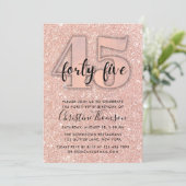Roos Gold Glitter 45th Birthday Invitation Kaart (Staand voorkant)